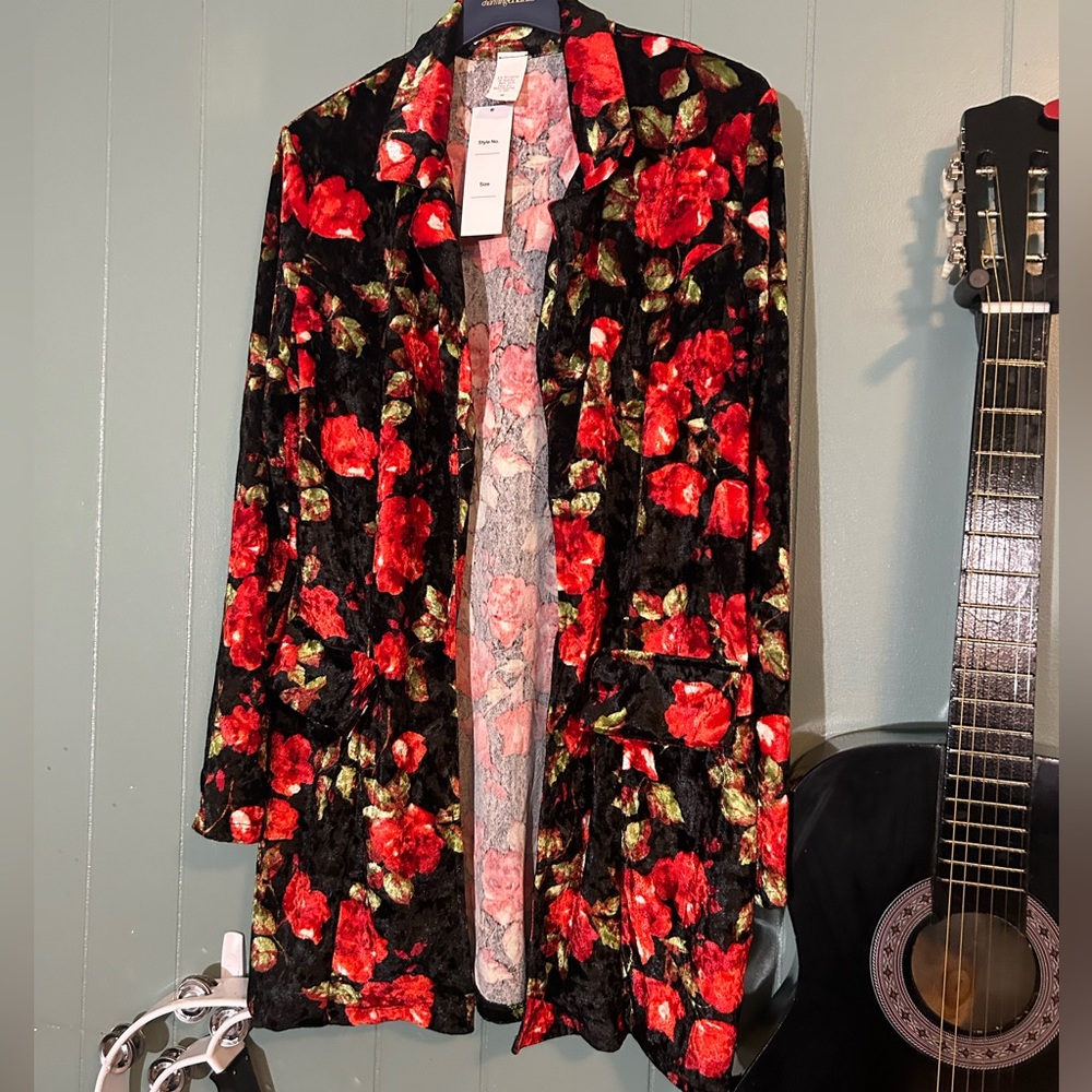 Velvety Rose Pattern Blazer Black Red Medium - 2x